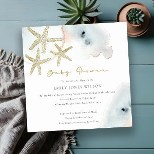 Goud Dusky Blue Peach Beachy Starfish Baby shower Kaart