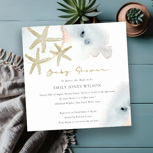 Goud Dusky Blue Peach Beachy Starfish Baby shower Kaart