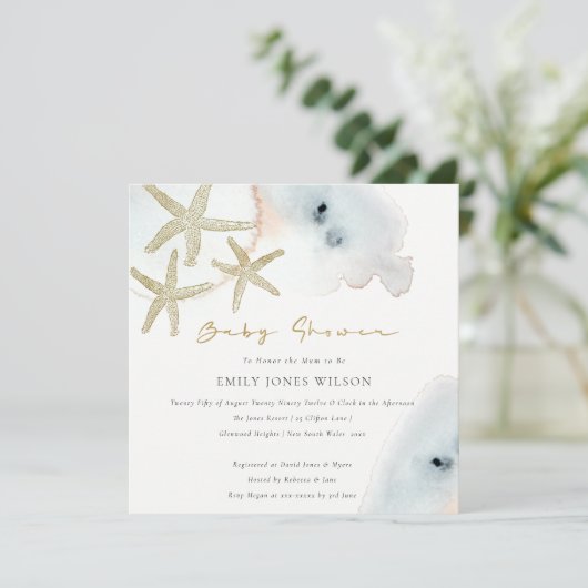 Goud Dusky Blue Peach Beachy Starfish Baby shower Kaart (Staand voorkant)