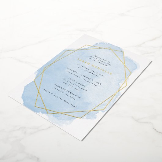 Goud Echte Folie Lijst-Blauwe Waterverf Vleermuis Folie Uitnodiging (Gedraaid)