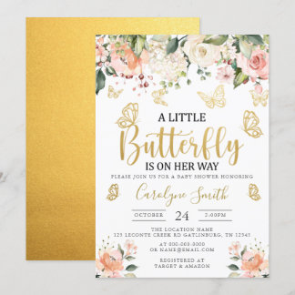 Goud een kleine vlinder is onderweg Baby shower Kaart