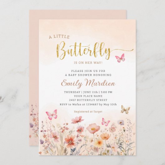 Goud een kleine vlinder is onderweg Baby shower Kaart (Voorkant / Achterkant)