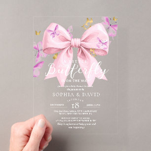 Goud Een Kleine Vlinder  Roze Boog Baby Shower  Acryl Uitnodigingen