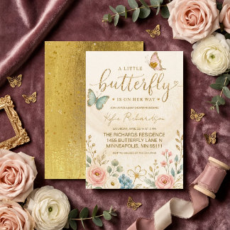Goud, een vlindertje op weg baby shower kaart
