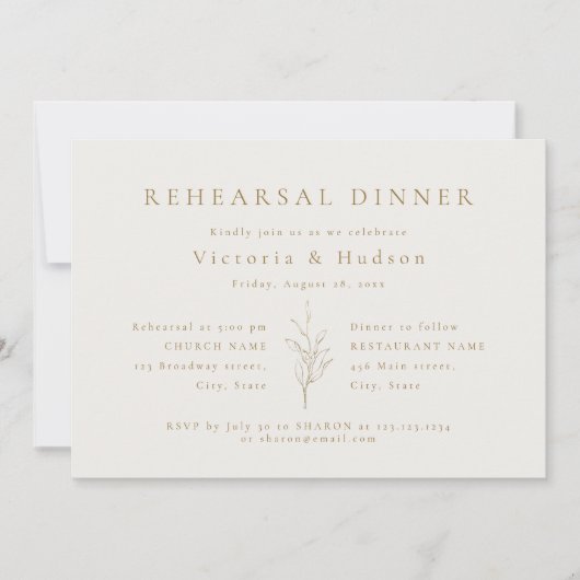 Goud, eenvoudig botanisch blad, repetitief diner kaart (Voorkant)