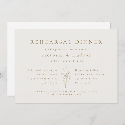 Goud, eenvoudig botanisch blad, repetitief diner kaart (Voorkant / Achterkant)