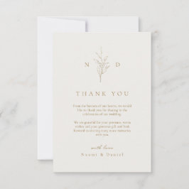 Goud, eenvoudig botanische bladeren, monogram brui bedankkaart