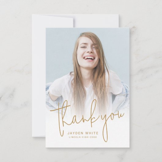 Goud Eenvoudig Modern Script 2 Foto Afstuderen Bedankkaart (Voorkant)