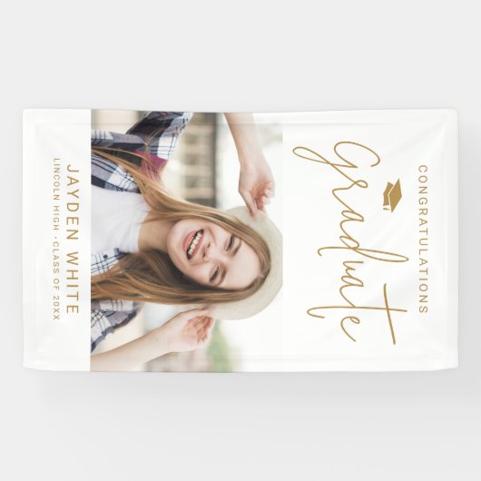 Goud Eenvoudig Modern Script Foto Graduation Party Spandoek (Horizontaal)