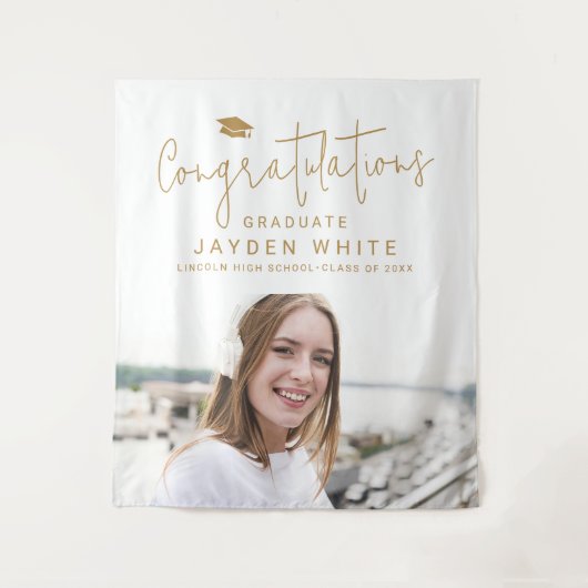 Goud Eenvoudig Modern Script Foto Graduation Party Wandkleed (Voorkant)