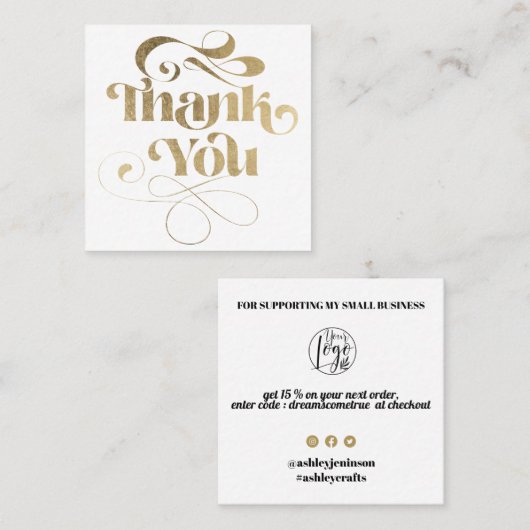 Goud eenvoudige, coole retro scriptvolgorde bedank vierkante visitekaartje (Voorkant / Achterkant)