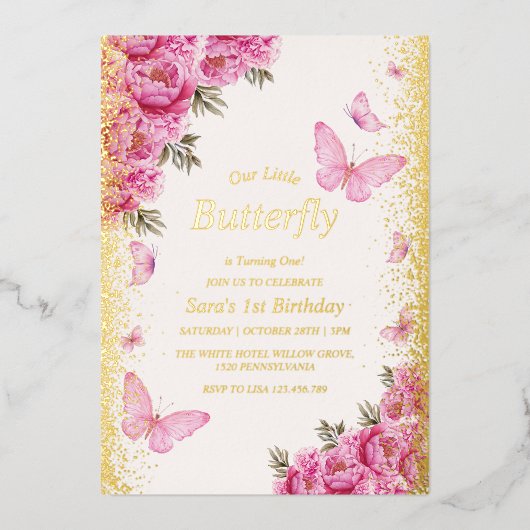 Goud eerste 1e verjaardag roze vlinders folie uitnodiging (Voorkant)