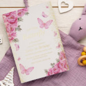 Goud eerste 1e verjaardag roze vlinders folie uitnodiging