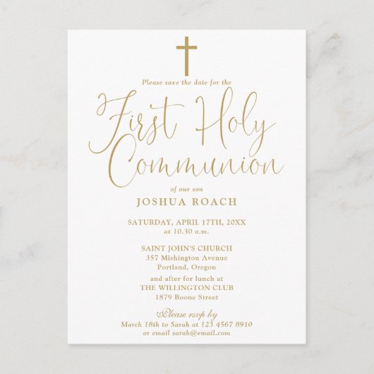 Goud Eerste Heilige Communie Bewaar de datum Briefkaart (Voorkant)