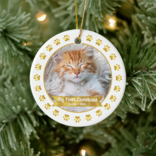 Goud Eerste Kerstmis Huisdier Kitten Foto Paws Cus Keramisch Ornament
