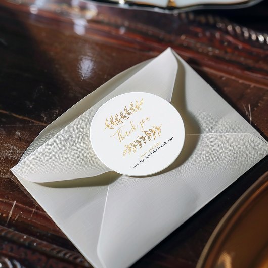 Goud effect bladeren en bijkantoren bruiloft bedan ronde sticker