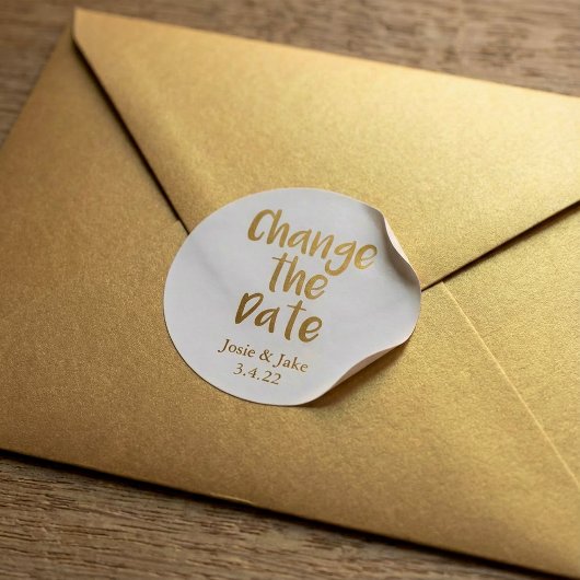 Goud effect en zwart "Verander de Datum" Ronde Sticker