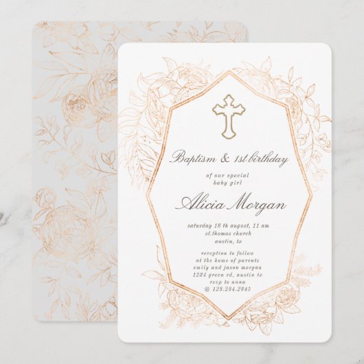 Goud Elegant Bloemen Doop Eerste Verjaardag Kaart (Voorkant / Achterkant)