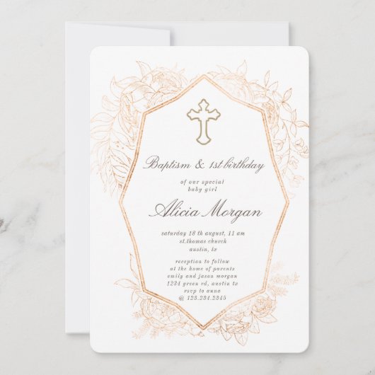 Goud Elegant Bloemen Doop Eerste Verjaardag Kaart (Voorkant)