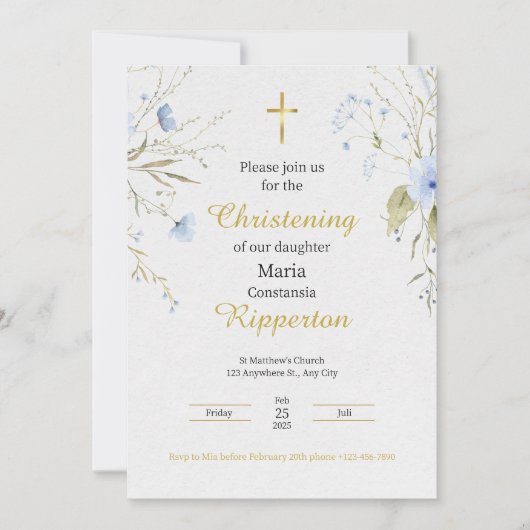 Goud Elegant Bloemen Goud Kruis Doop Kaart (Voorkant)