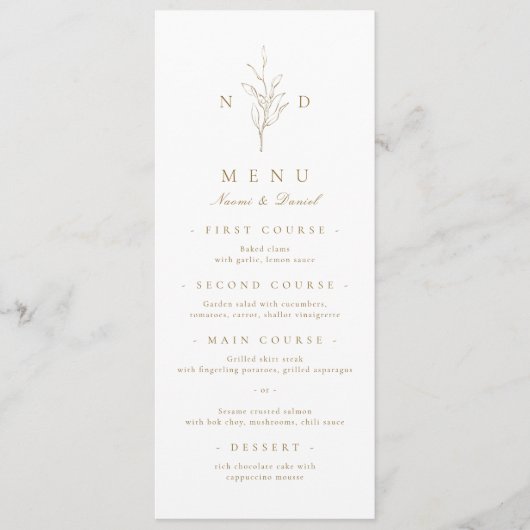 Goud, elegant, botanisch monogram bruiloft menu (Voorkant)