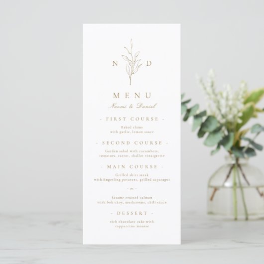 Goud, elegant, botanisch monogram bruiloft menu (Staand voorkant)