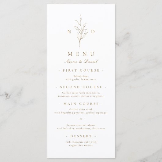 Goud, elegant, botanisch monogram bruiloft menu (Voorkant)