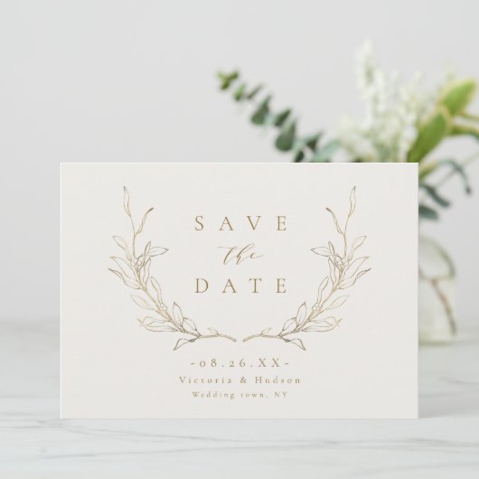 Goud, elegant, botanische bladeren, bruiloft Sav Save The Date (Staand voorkant)