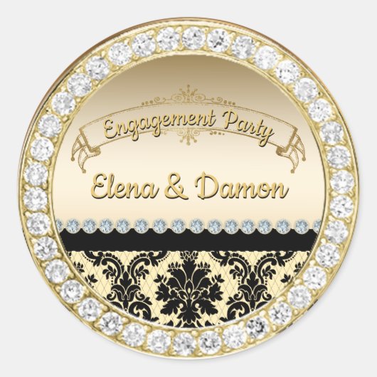 Goud Elegant Damask & Diamonds Engagement Party Ronde Sticker (Voorkant)