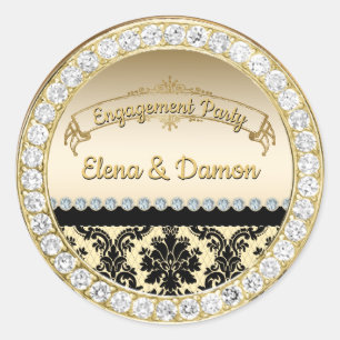Goud Elegant Damask & Diamonds Engagement Party Ronde Sticker