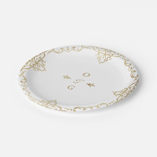 Goud elegant huwelijksmonogram papieren bordje (Gekanteld)