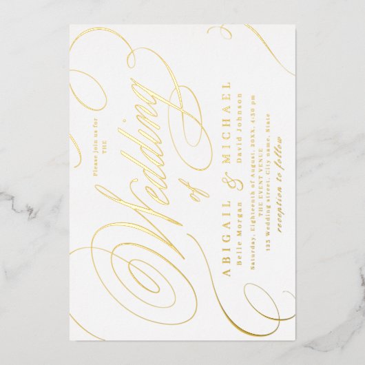 Goud elegant klassiek kalligrafie oud bruiloft folie uitnodiging (Voorkant)