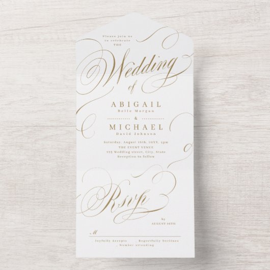 Goud elegant klassiek kalligrafie oud huwelijk all in one uitnodiging (Binnen)