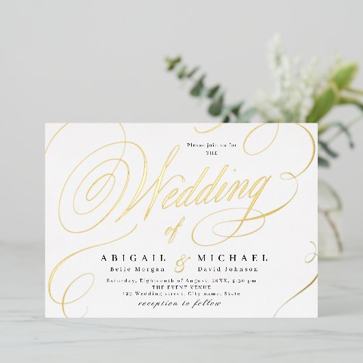 Goud elegant klassiek kalligrafie oud huwelijk folie uitnodiging (Staand Voorkant)