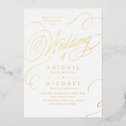 Goud elegant klassiek kalligrafie oud huwelijk folie uitnodiging (Voorkant)