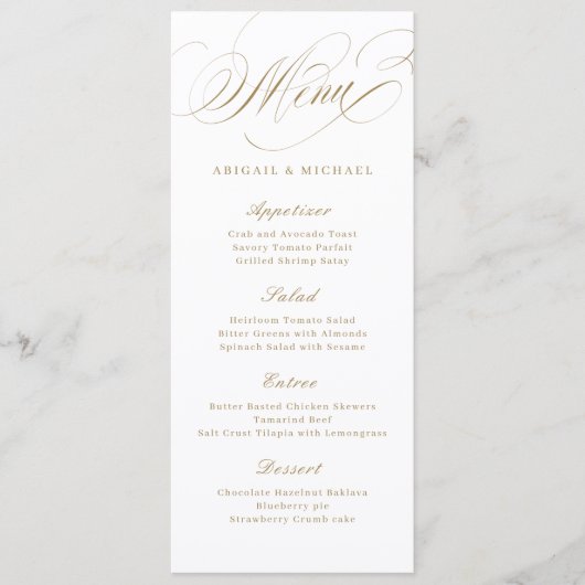 Goud elegant klassiek kalligrafie oud huwelijk menu (Voorkant)