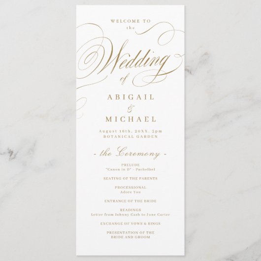 Goud elegant klassiek kalligrafie oud huwelijk programmakaart (Voorkant)
