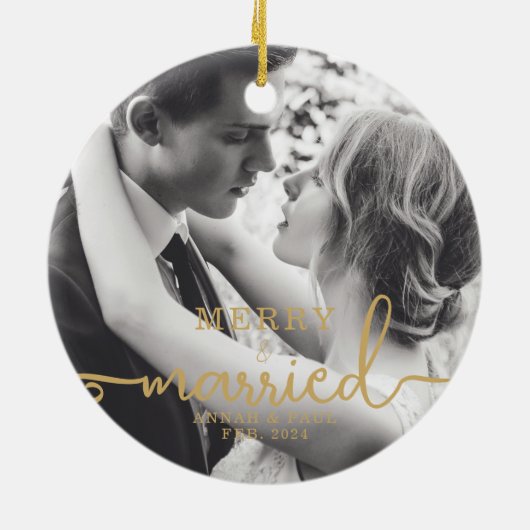 Goud Elegant Merry & Married Christmas Foto Keramisch Ornament (Achterkant)