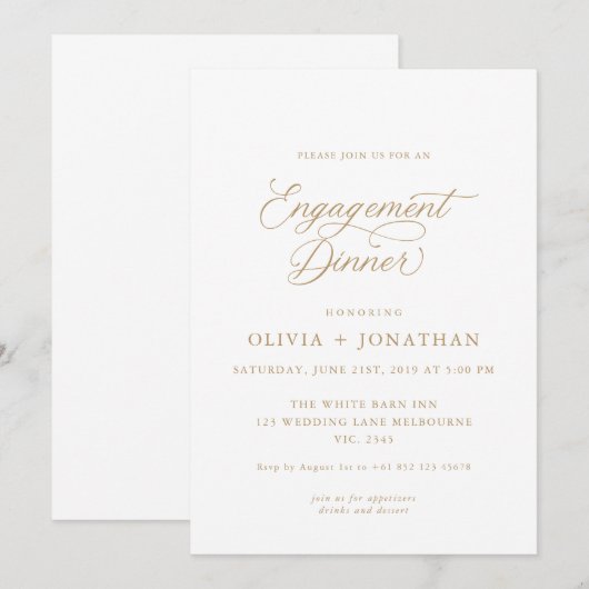 Goud Elegant Modern Kalligrafie Verloving Diner Kaart (Voorkant / Achterkant)