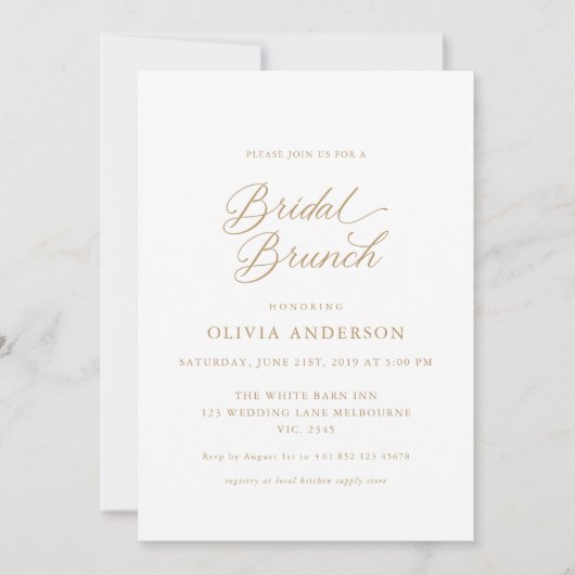Goud Elegant Modern Script Bridal Brunch Kaart (Voorkant)