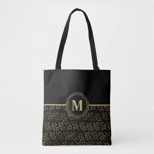 Goud Elegant #Monogram & Gouden Blad Patroon Zwart Tote Bag (Voorkant)