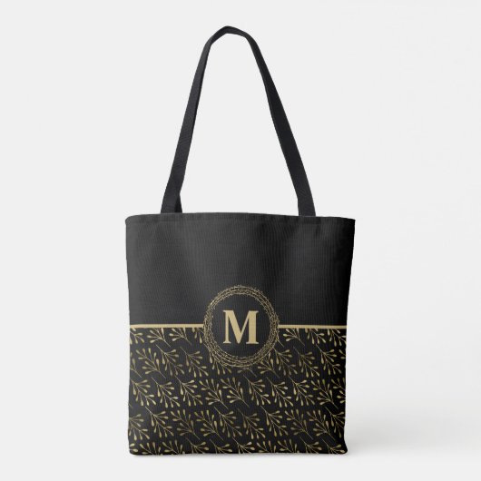 Goud Elegant #Monogram & Gouden Blad Patroon Zwart Tote Bag (Achterkant)