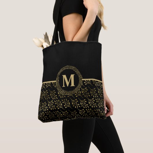 Goud Elegant #Monogram & Gouden Blad Patroon Zwart Tote Bag (Dichtbij)