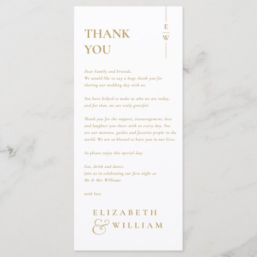 Goud Elegant Monogram Huwelijk Dank u Plaats Kaart (Voorkant)