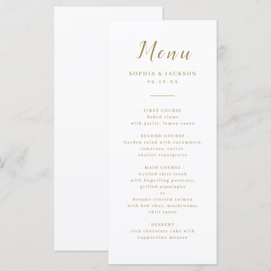 Goud, elegant romantisch script bruiloft menu (Voorkant / Achterkant)