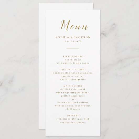 Goud, elegant romantisch script bruiloft menu (Voorkant / Achterkant)