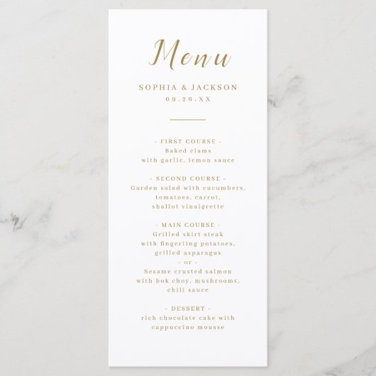 Goud, elegant romantisch script bruiloft menu (Voorkant)
