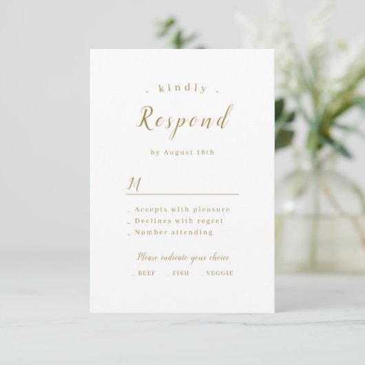 Goud, elegant romantisch script bruiloft RSVP kaartje (Staand voorkant)