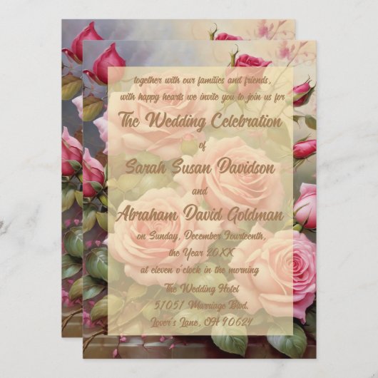 Goud Elegant Roze Rozen Bruiloft Uitnodigingen (Voorkant / Achterkant)