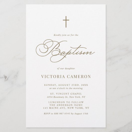 Goud Elegant Script Minimalistische Doop Uitnodigi (Voorkant)